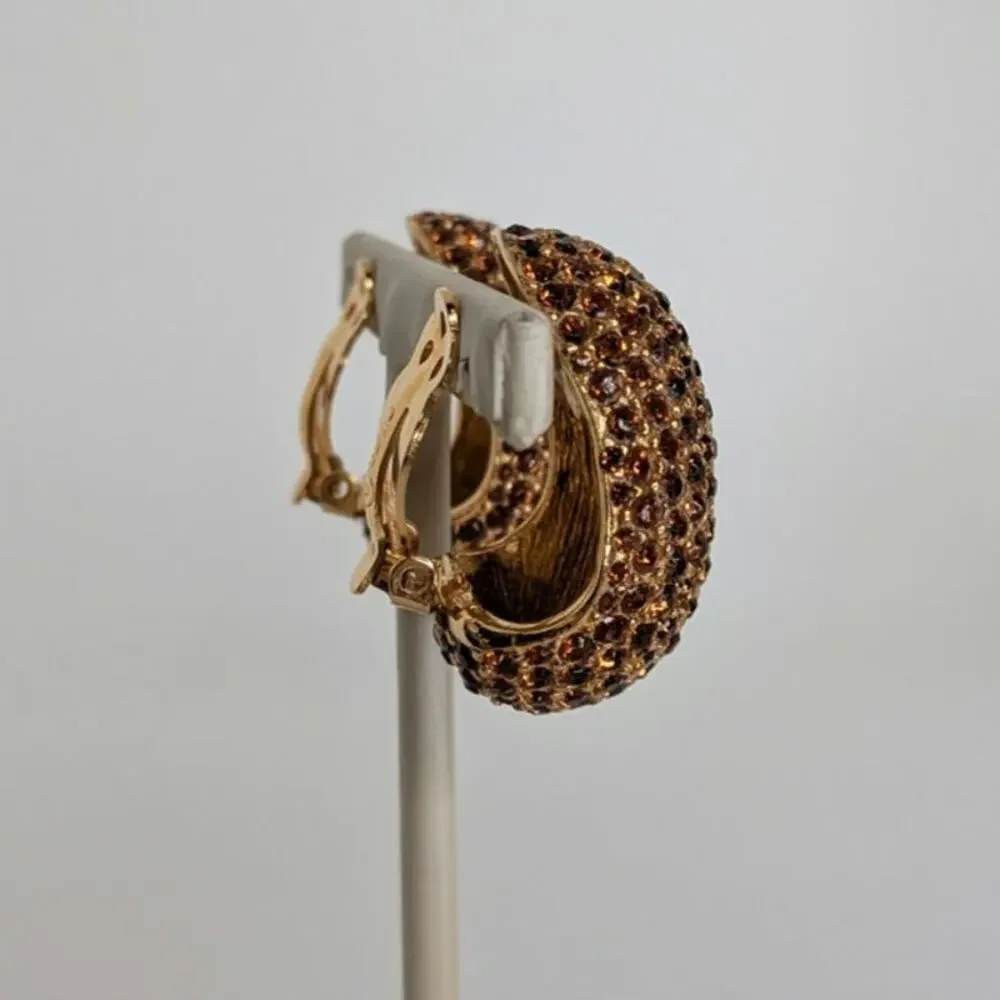 Ciner Vintage Dome Pave Rhinestone Crystal Chocolate Brown Clip Earrings Large - Picture 5 of 10